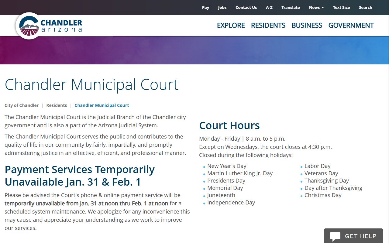 Chandler Municipal Court main page showing DUI case information and court services