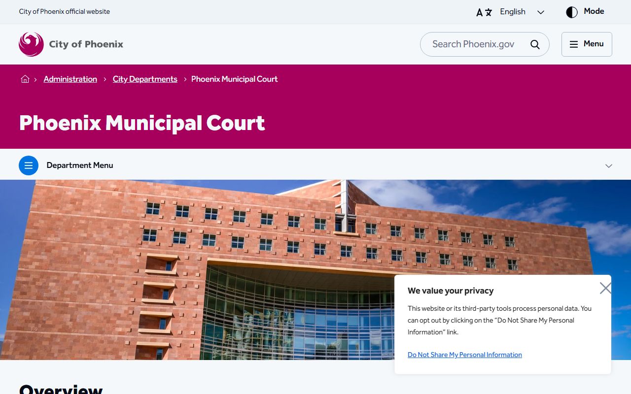 Phoenix Municipal Court main page for DUI case information