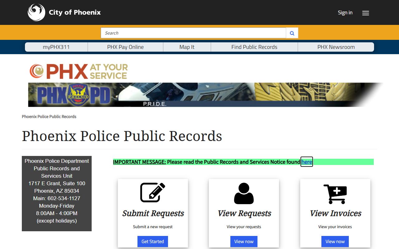 Phoenix Police records request portal for DUI arrest documentation