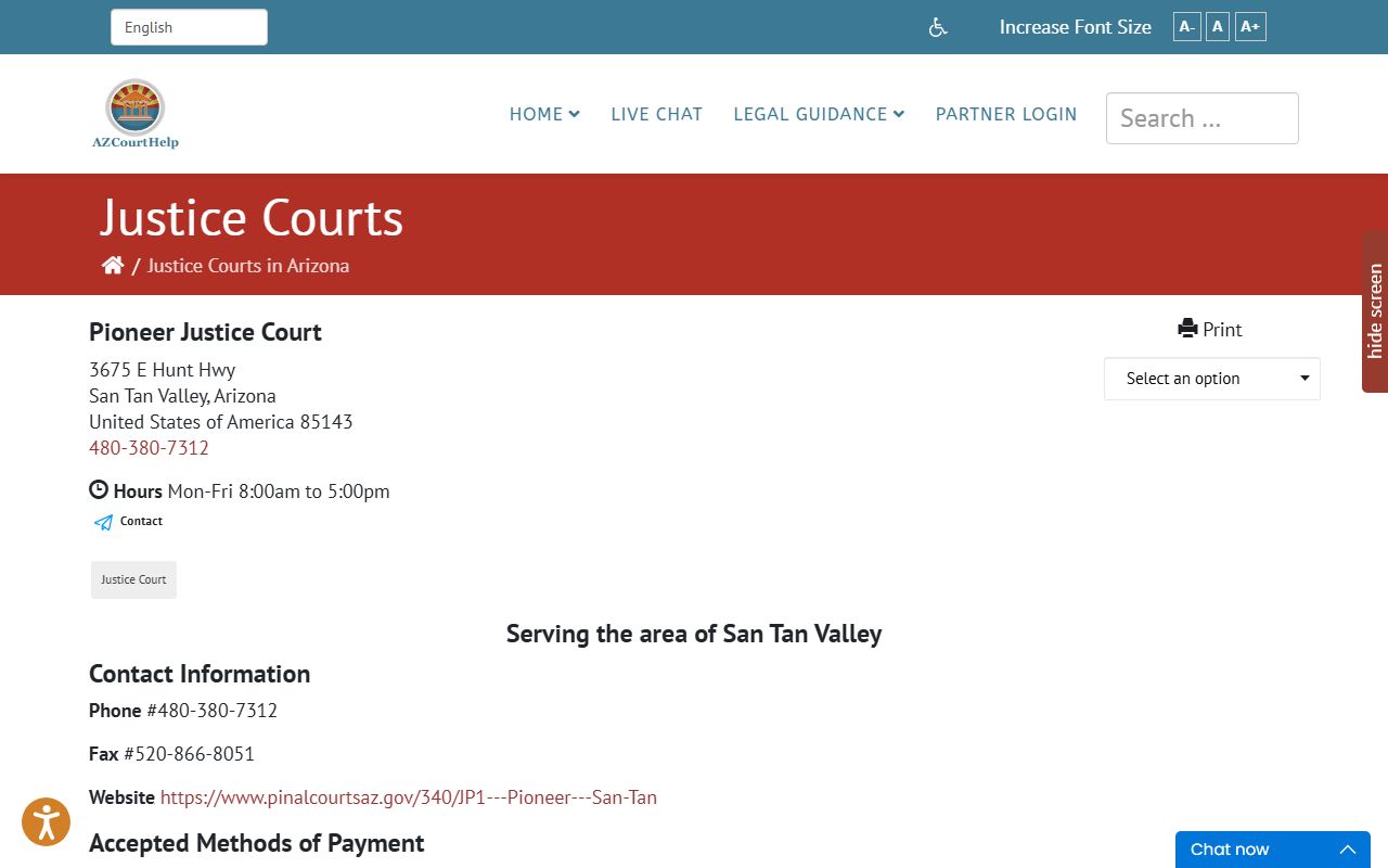 Arizona Court Help page for Pioneer Justice Court serving San Tan Valley