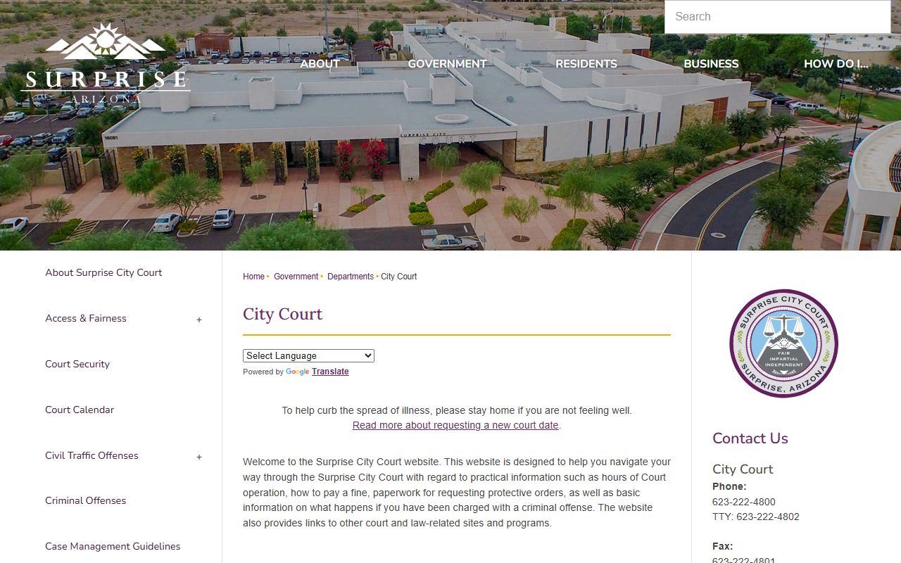 Surprise City Court main page for DUI case information in Surprise Arizona
