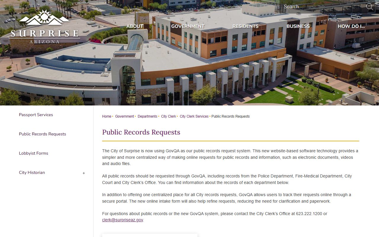 Surprise Arizona public records request page for DUI and court records