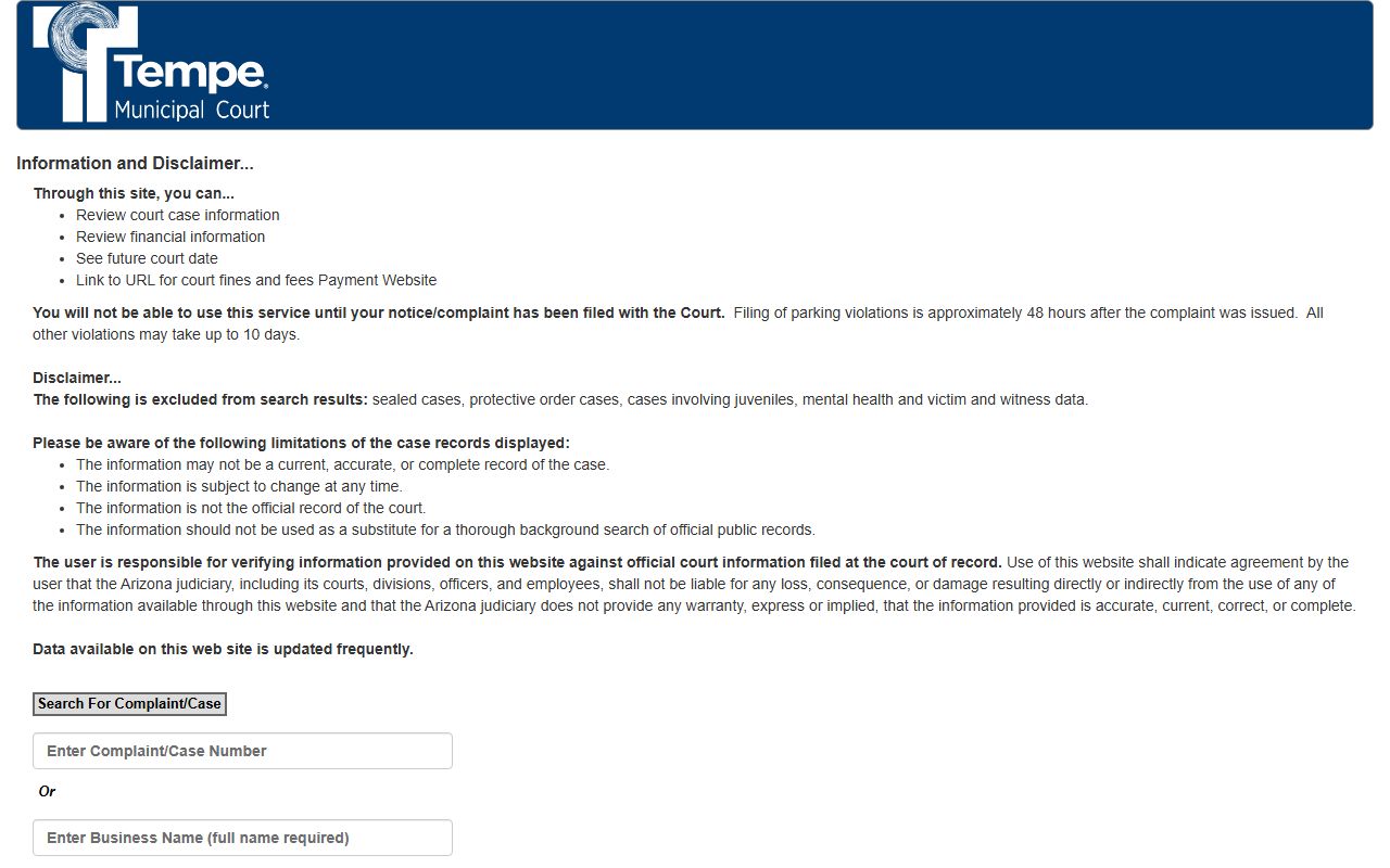 Tempe Court Case Information portal for searching DUI records online