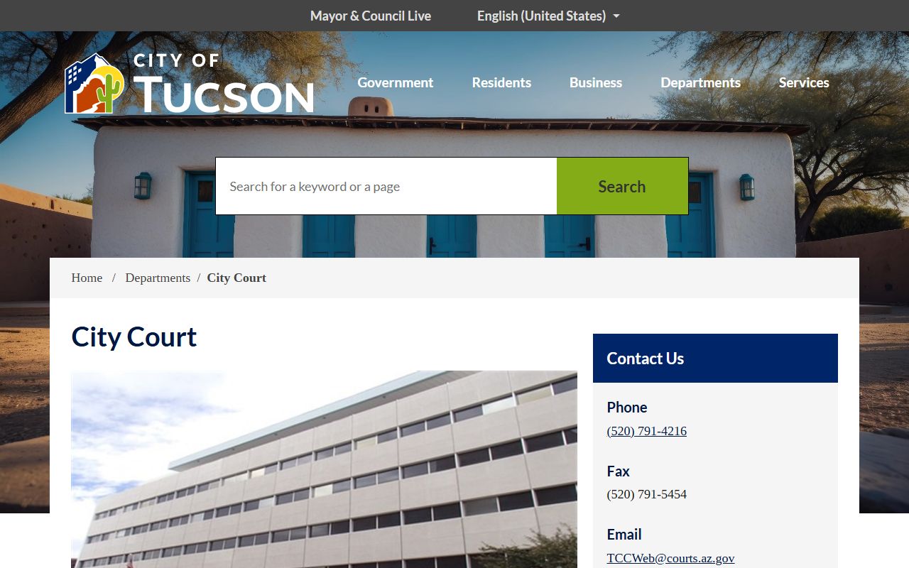 Tucson City Court main page for DUI case information and records