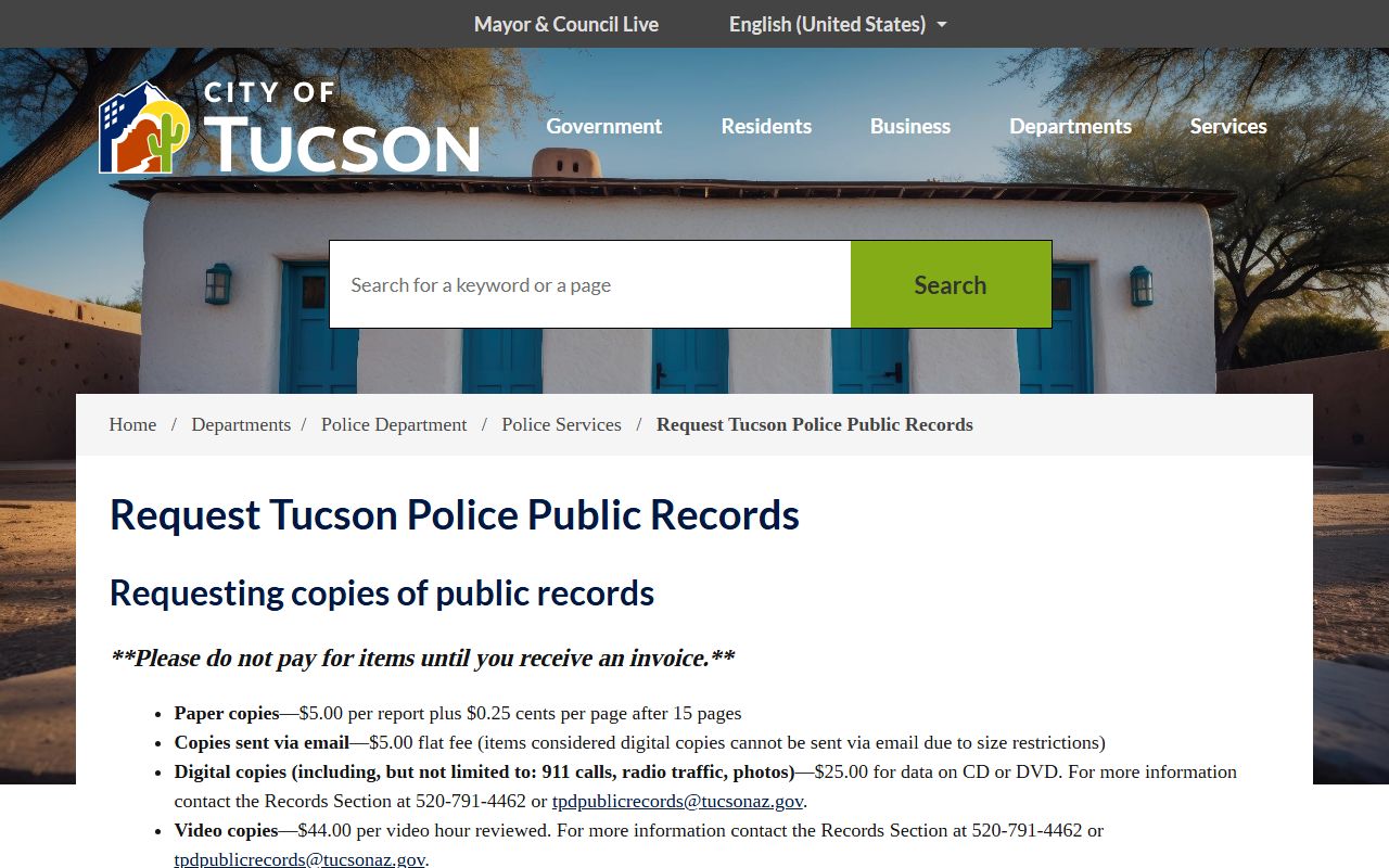 Tucson Police Department public records request page for DUI arrest reports