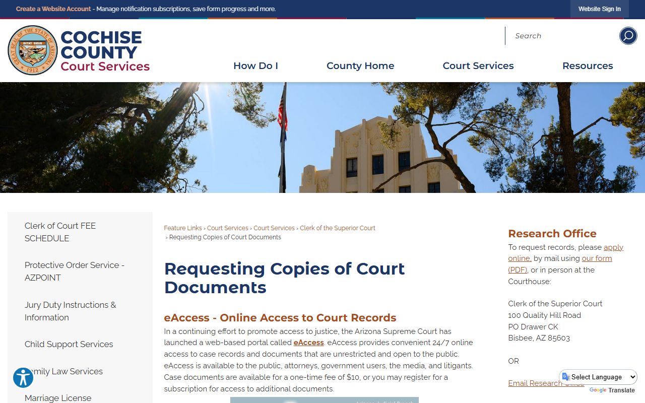 Cochise County court records request information page for DUI documents