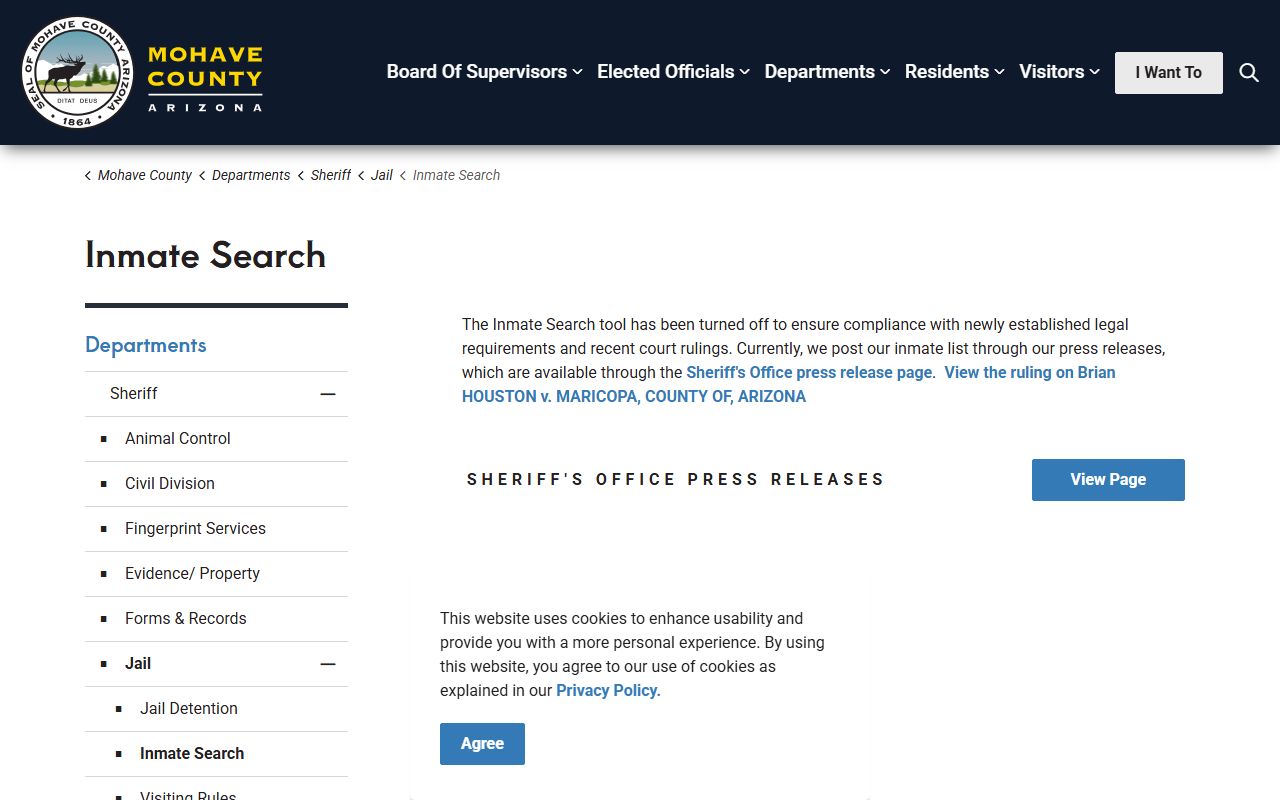 Mohave County Sheriff inmate search information page for DUI booking records