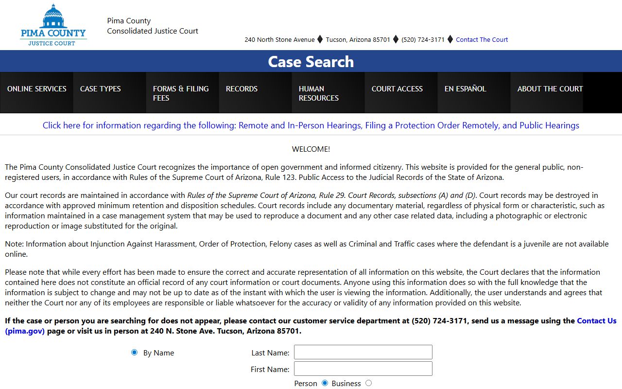 Pima County Justice Court case search portal for DUI record lookup