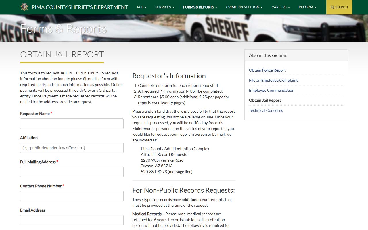 Pima County Sheriff jail report request page for DUI booking records