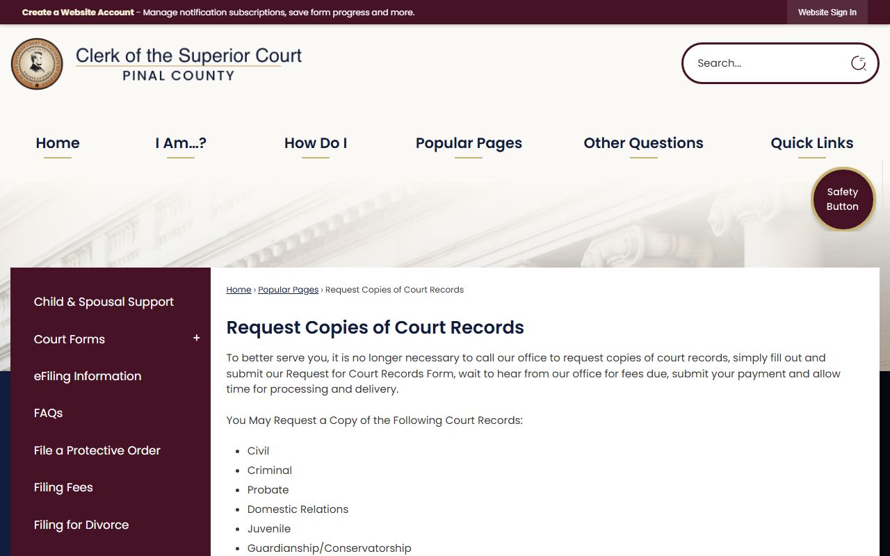 Pinal County Clerk of Superior Court records request page for DUI case documents