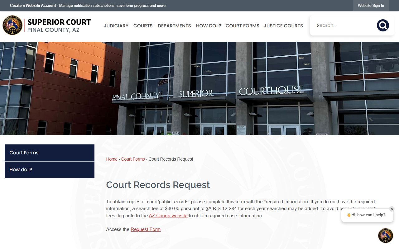 Pinal County Superior Court records request form for DUI filings