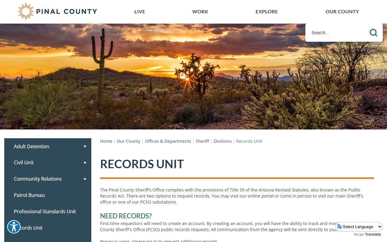 Pinal County Sheriff Records Unit page for DUI arrest report requests