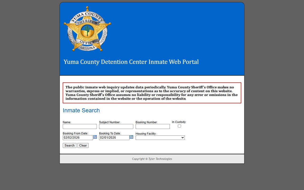 Yuma County Sheriff Inmate Search Portal for DUI booking records
