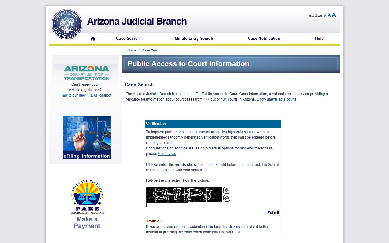 Arizona Courts Public Access case lookup portal for searching DUI records