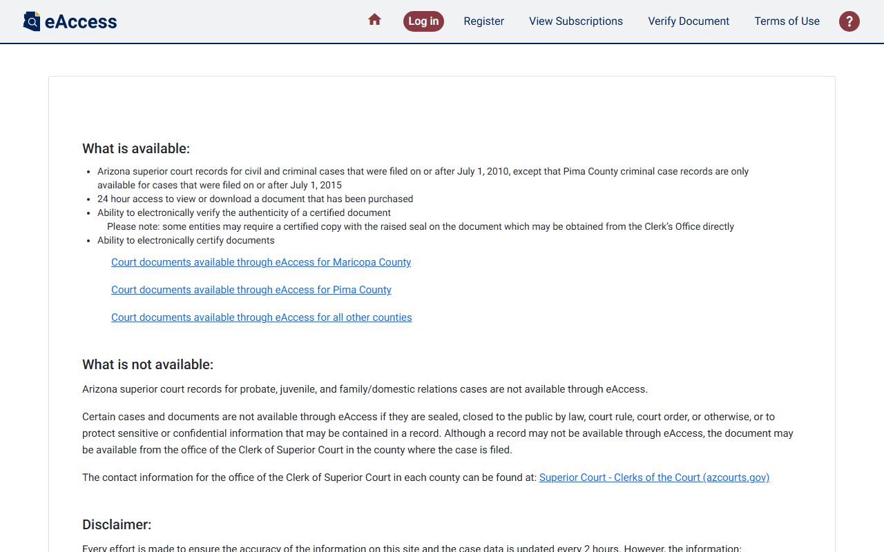 Arizona eAccess court documents portal for DUI case records