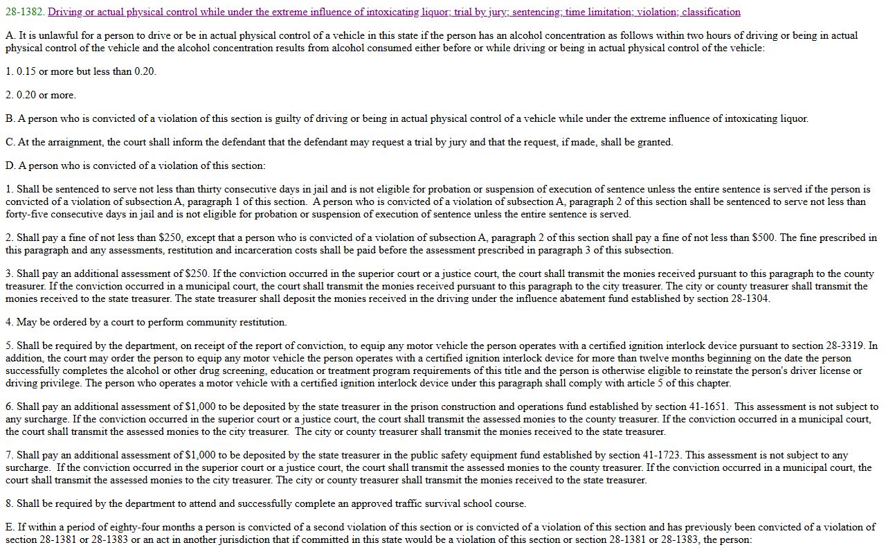 Arizona Revised Statutes Section 28-1382 extreme DUI law