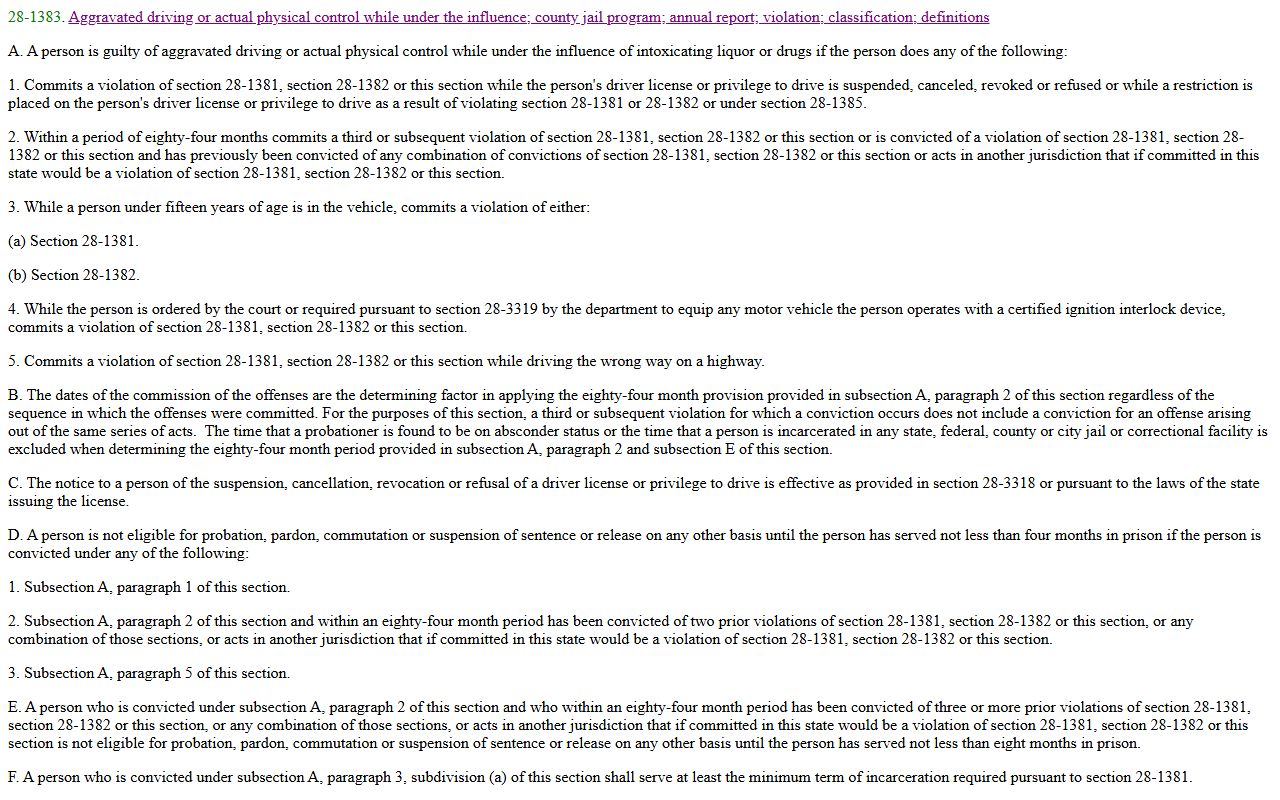 Arizona Revised Statutes Section 28-1383 aggravated DUI felony law