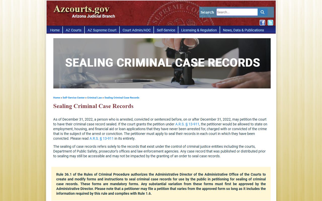 Arizona Courts criminal record sealing information page
