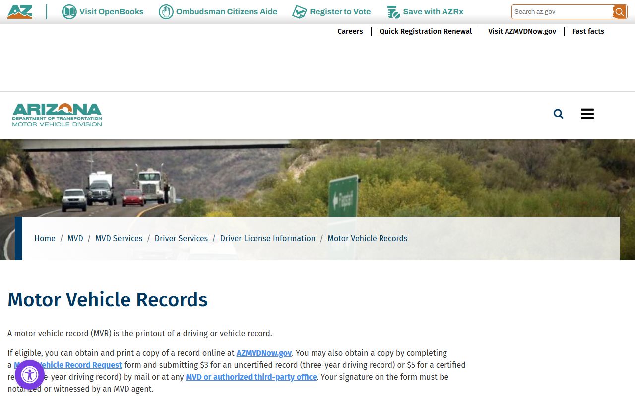 Arizona MVD motor vehicle records request page